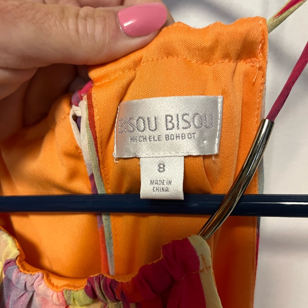 Vintage Bisou Bisou Orange and Pink Sleeveless Dress with Multicolor Trim - Picture 5 of 6